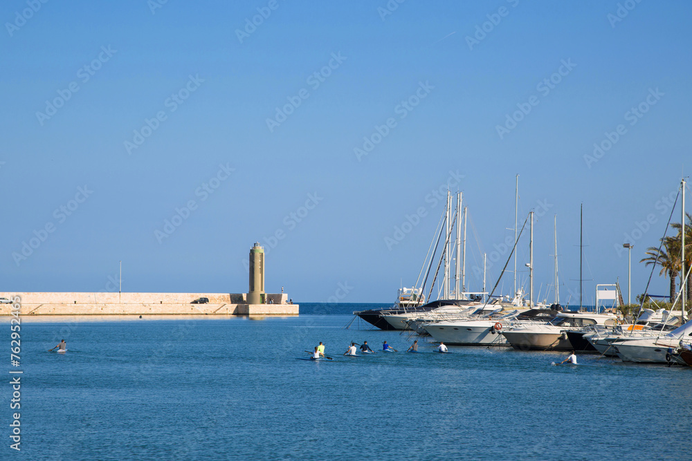 A view of the sea coast with white yachts in the port