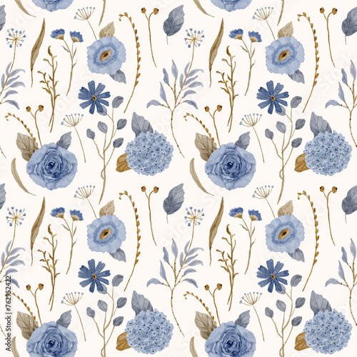vintage blue floral watercolor seamless pattern
