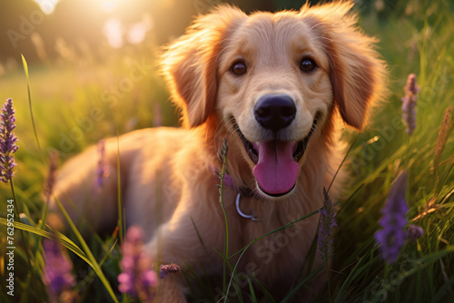 A golden retriever is laying in a field of purple flowers