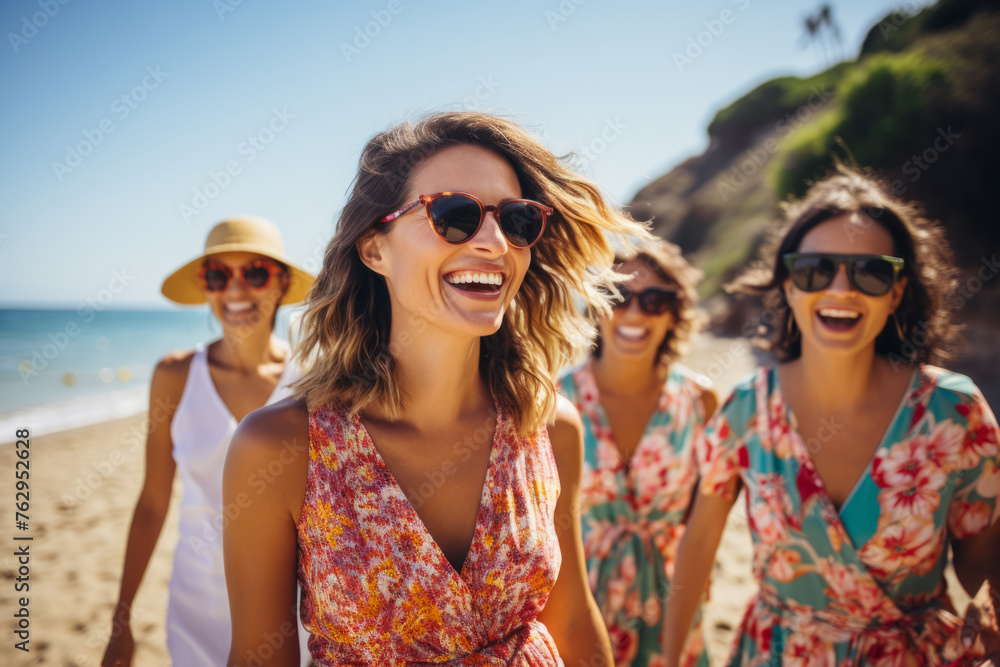 A group of women are walking on the beach, smiling and laughing