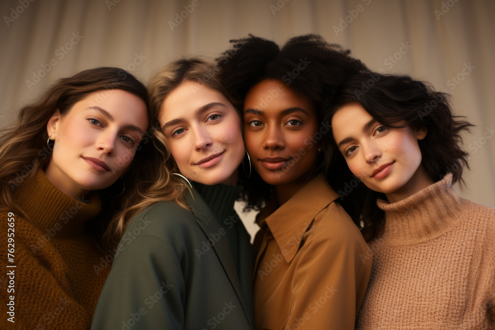 Fototapeta premium Four women are posing for a photo, all wearing different colored sweaters