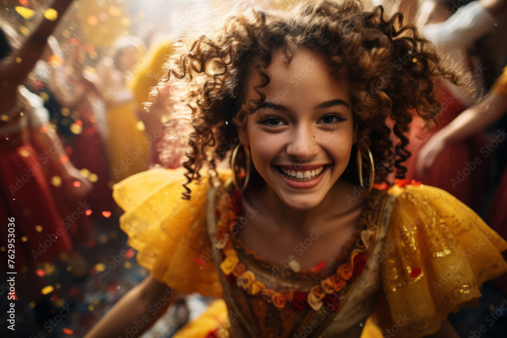 A girl in a yellow dress is smiling and surrounded by confetti A girl in a yellow dress is smiling and surrounded by confetti