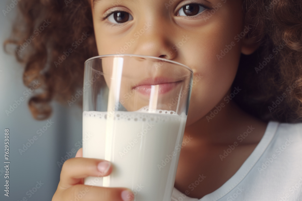 A young girl is drinking milk from a glass A young girl is drinking milk from a glass