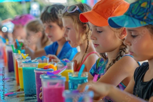 Children enjoying smoothie-making activity at a vibrant forest summer camp, surrounded by lush greenery and colorful wildflowers, fostering a fun and healthy experience in nature.