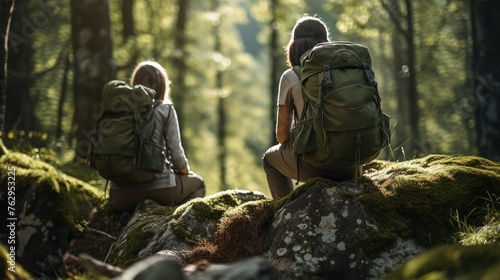 Two women are sitting on a rock in a forest, each with a backpack on