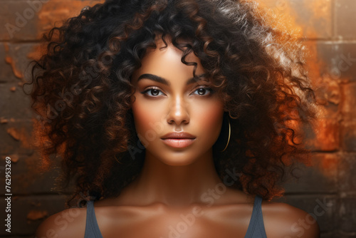 A woman with curly hair and a gold hoop earring