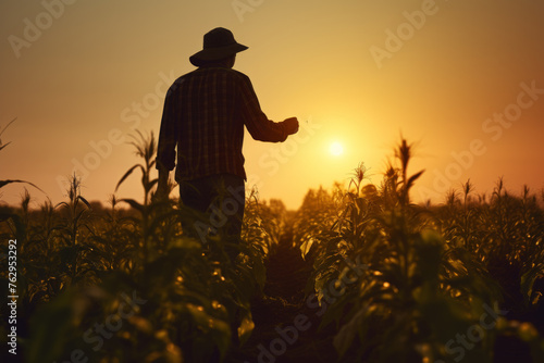 A man in a hat is standing in a field of corn © vefimov