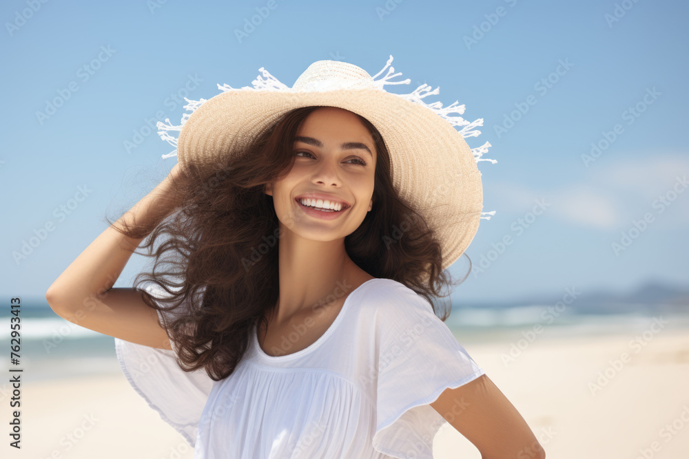 A woman with long hair is smiling and wearing a straw hat on a beach