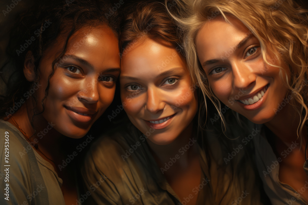 Three women are smiling and posing for a photo Three women are smiling and posing for a photo