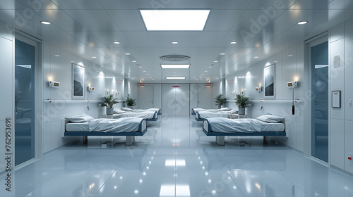 A new modern morgue in a hospital setting, designed with sleek surfaces, clinical equipment, and advanced refrigeration units. photo