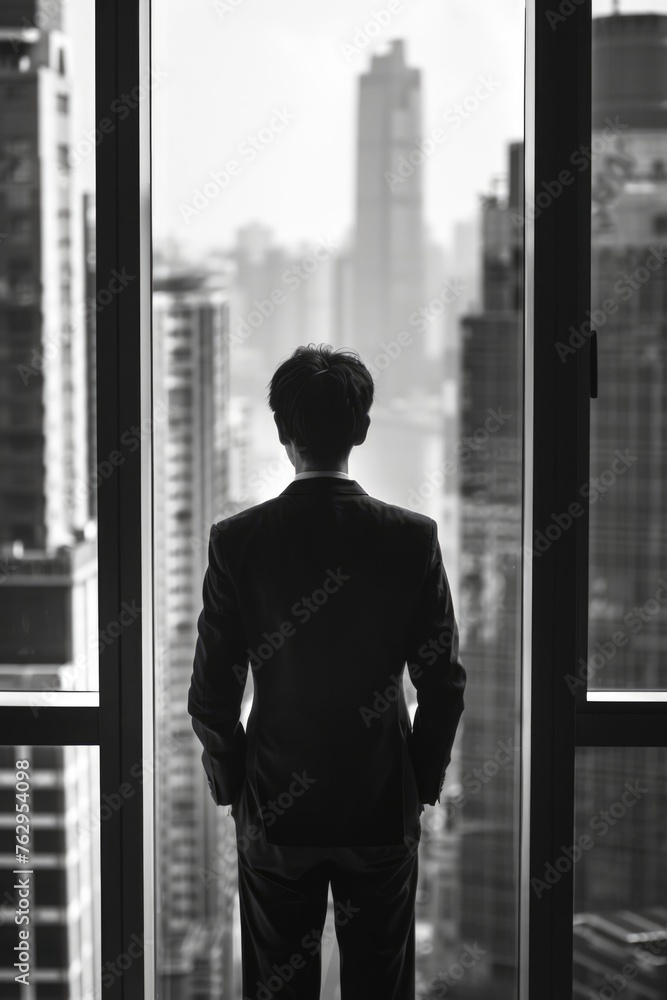 Fototapeta premium A man in a suit stands in front of a window looking out at the city