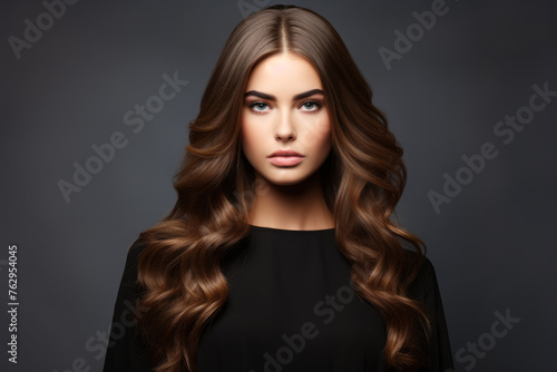 A woman with long brown hair is standing in front of a dark background