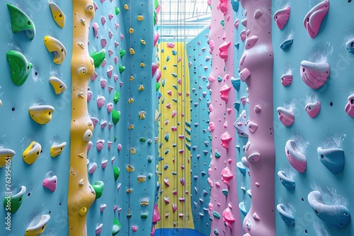 A colorful indoor climbing wall.	