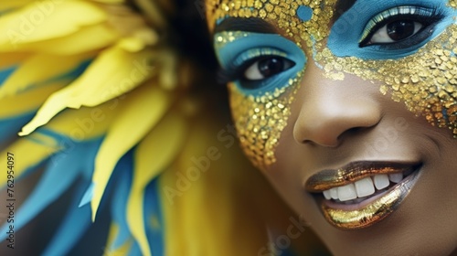 A woman with gold and blue face paint and a yellow flower on her head