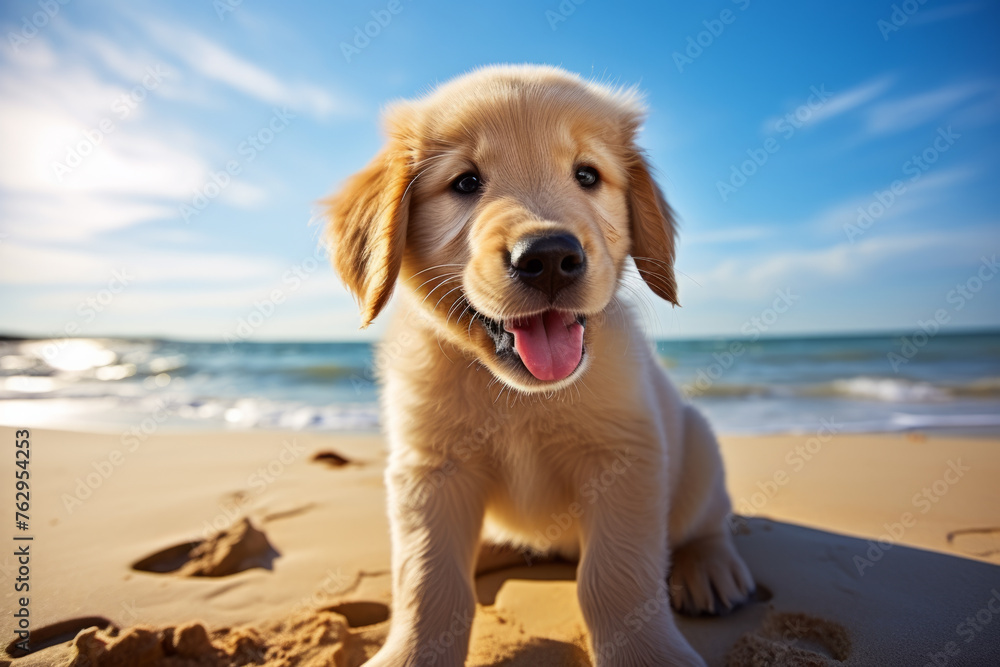 A small golden retriever puppy is sitting on the beach A small golden retriever puppy is sitting on the beach