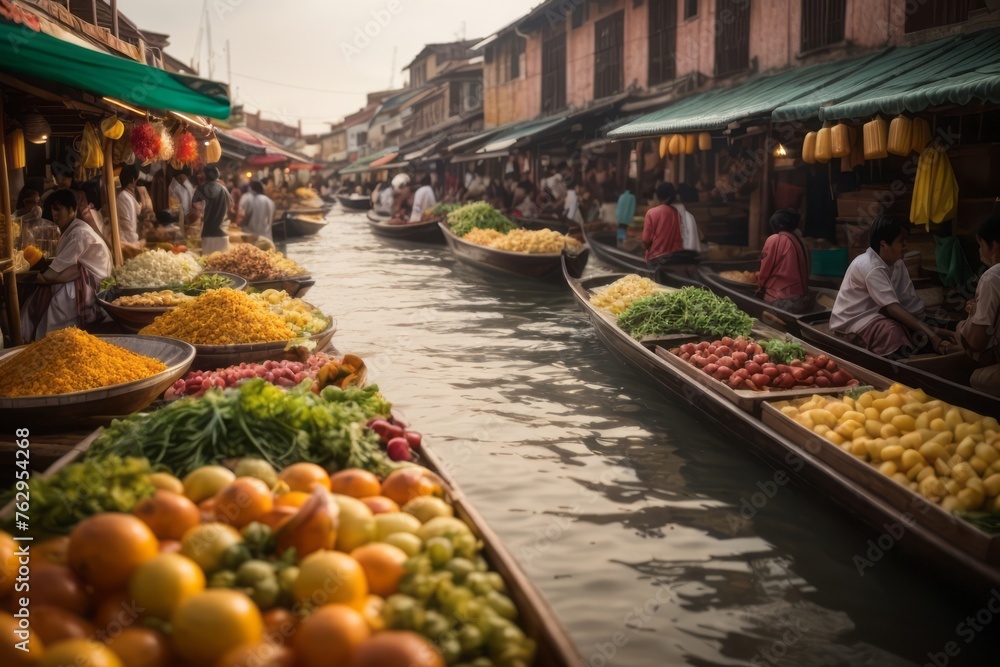 floating food market on the canal with boats full of food