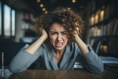 A woman with curly hair is crying and screaming in a library