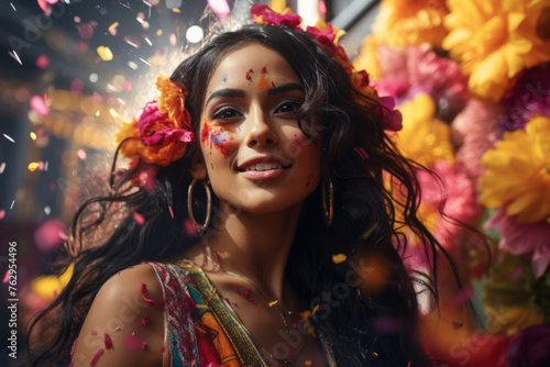 A woman with a flower headdress and colorful makeup is smiling