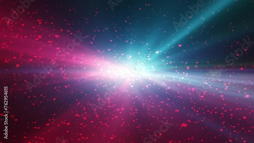 Many small heart symbols on red blue glowing light animation background.