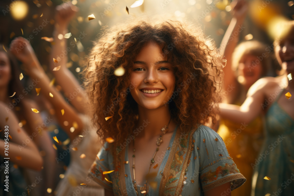 A woman with curly hair is smiling and surrounded by confetti