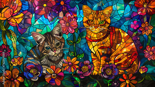 Metallic Melody: Hyper-Realistic Stained Glass with Cats and Flowers