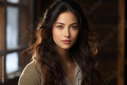 A woman with long brown hair and a tan sweater is looking at the camera © vefimov