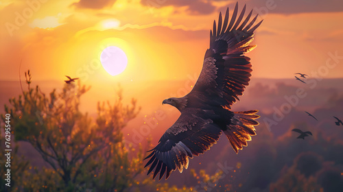 a big eagle flying in the front of more big sunset view