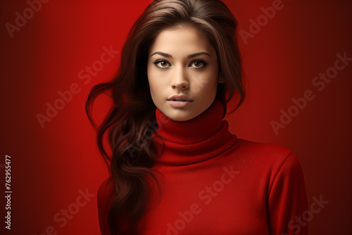 A woman with long brown hair is wearing a red sweater
