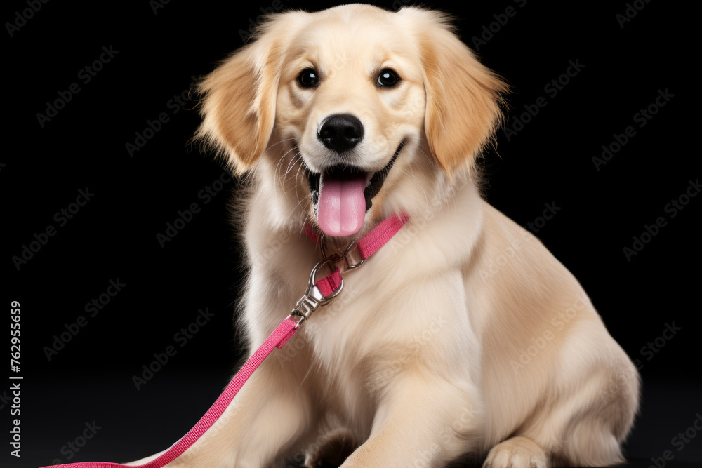 A cute golden retriever dog is laying down on a black background with a pink lea - obrazy, fototapety, plakaty 