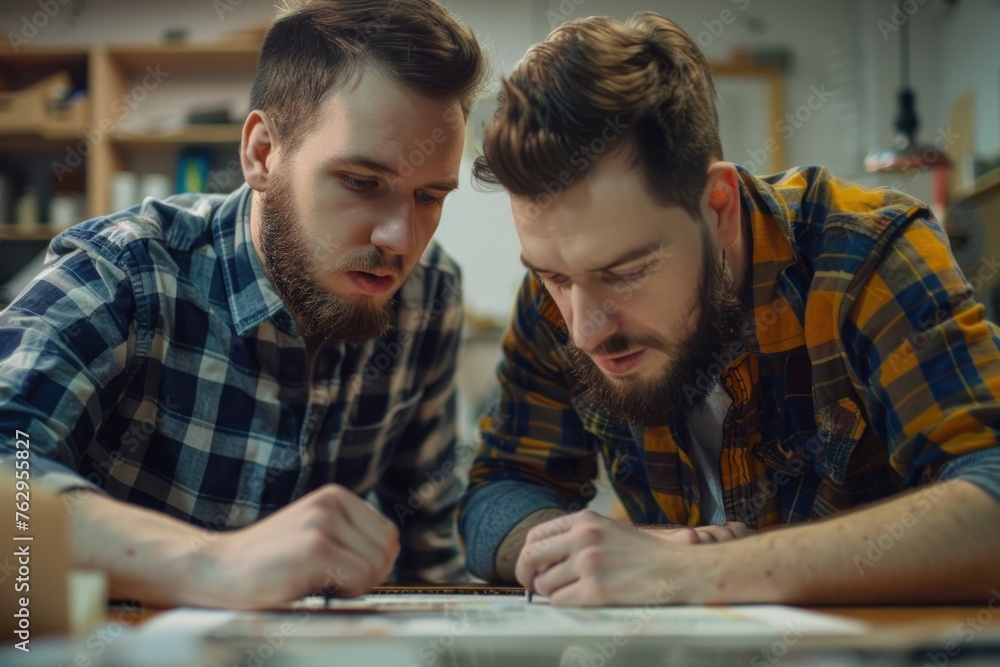 Two Men Collaborating on Blueprint Design in a Cozy Workshop with Tools, Creating Solutions for Architectural Projects Surrounded by Sketches, Blueprints, and Technology. Two Men Collaborating on Blueprint Design in a Cozy Workshop with Tools, Creating Solutions for Architectural Projects Surrounded by Sketches, Blueprints, and Technology.