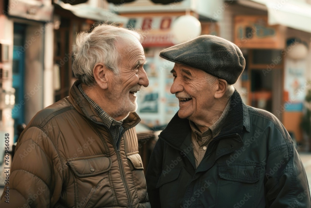 Two Elderly Friends Sharing a Joyful Moment Outdoors, Laughing and Enjoying Each Others Company on a Sunny Day, Building Strong Bonds of Friendship and Creating Cherished Memories Together. Two Elderly Friends Sharing a Joyful Moment Outdoors, Laughing and Enjoying Each Others Company on a Sunny Day, Building Strong Bonds of Friendship and Creating Cherished Memories Together.