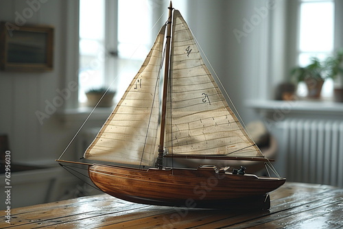 Beautifully crafted wooden sailboat model photo