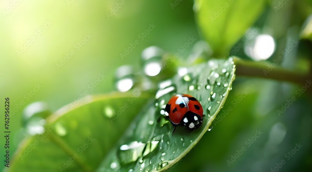 Fototapeta premium Ladybug and ladybird on leaves and grass in nature's beauty