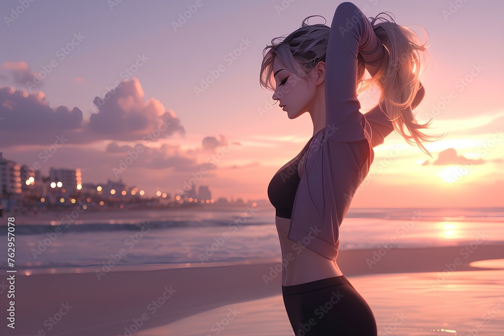 beautiful anime girl in stretching pose, standing on the promenade at the beach. realistic cartoon, digital art style, illustration. generative AI - obrazy, fototapety, plakaty 