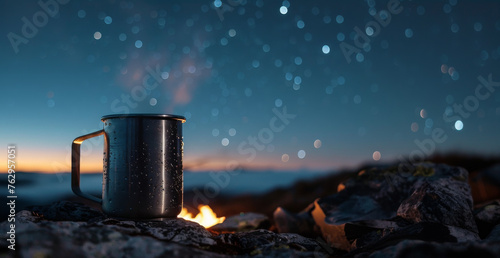 Steaming Coffee in Steel Cup on Mountain Top at Night with Stars. Room for Copy and Text.