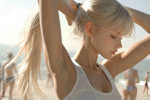 beautiful anime girl in stretching pose, standing on the promenade at the beach. realistic cartoon, digital art style, illustration. generative AI photo