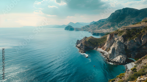 Beautiful seascape with sea and mountain from high view