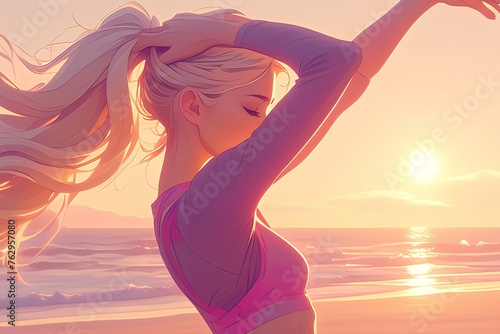 beautiful anime girl in stretching pose, standing on the promenade at the beach. realistic cartoon, digital art style, illustration. generative AI photo