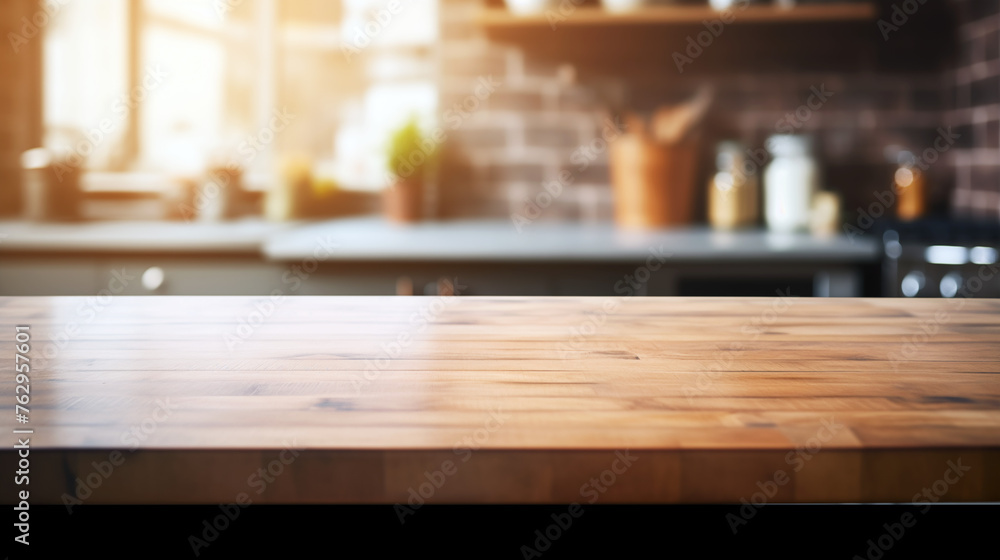 Empty old wooden table with kitchen in background Empty old wooden table with kitchen in background