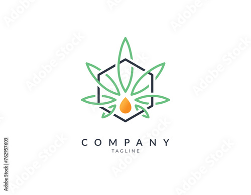 Drop droplet with organic nature cannabis leaf. Marijuana hemp weed leaf for herbal CBD essence oil extract logo design vector