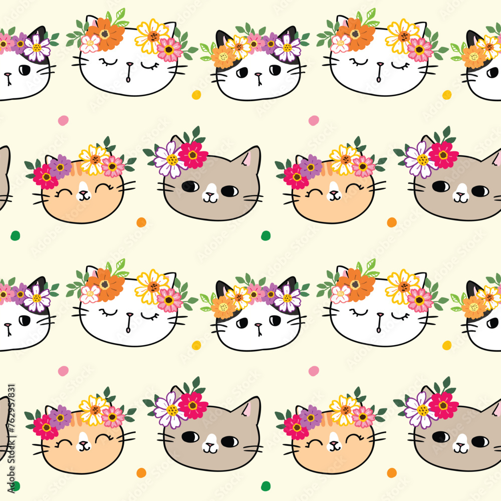 Seamless Pattern of Cartoon Cat Face and Flower Design on Light Yellow Background - obrazy, fototapety, plakaty 