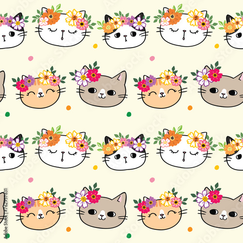 Seamless Pattern of Cartoon Cat Face and Flower Design on Light Yellow Background