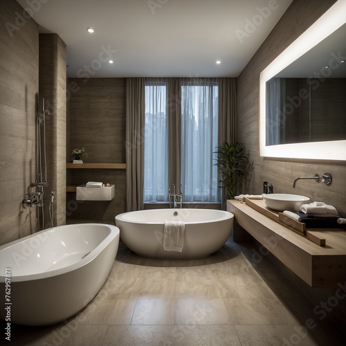Modern hotel bathroom interior with bathtub and sink