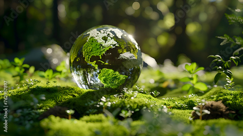 Crystal globe putting on moss, ecology and environment sustainable concept