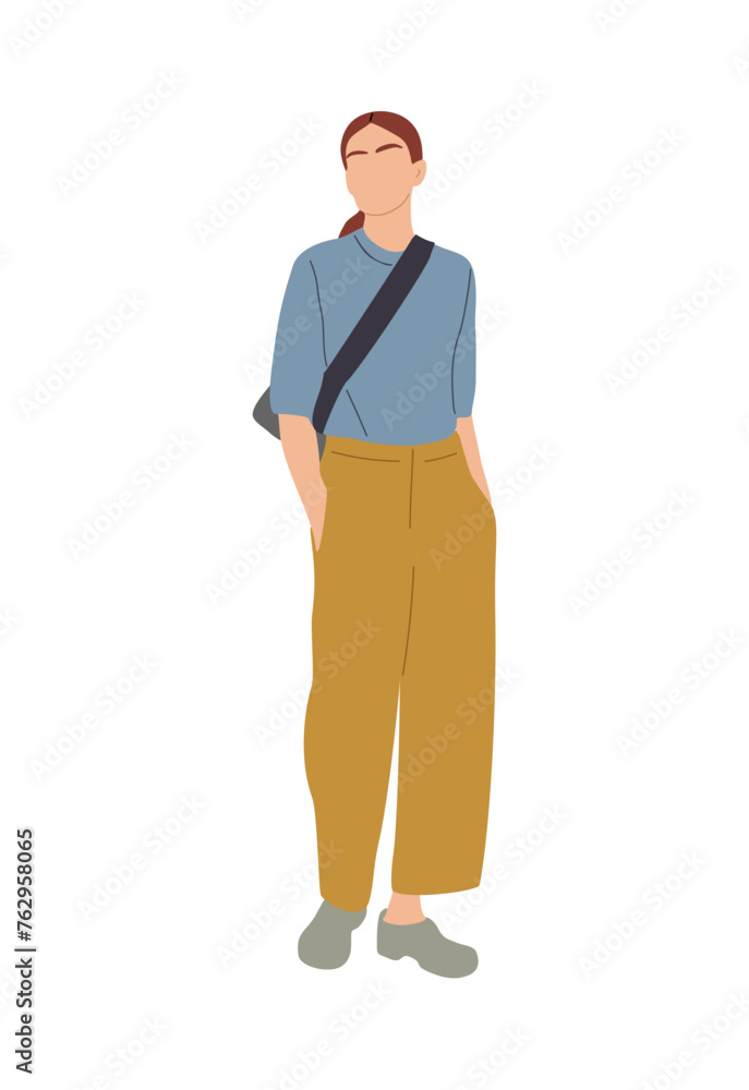 Stylish young girl wearing summer street fashion outfit. Business woman in smart casual office clothes. Modern female character Vector realistic illustration isolated on white background.
