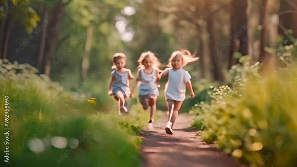 Three Children Running Down a Wooded Path Generative AI Three Children Running Down a Wooded Path Generative AI