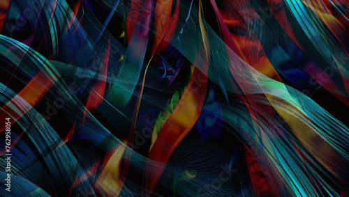 Dynamic flow of vector wave lines, pulsating with vibrant blue-green hues, set against the striking contrast of a black background