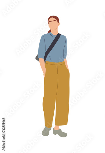 Stylish young girl wearing summer street fashion outfit. Business woman in smart casual office clothes. Modern female character Vector realistic illustration isolated on white background.