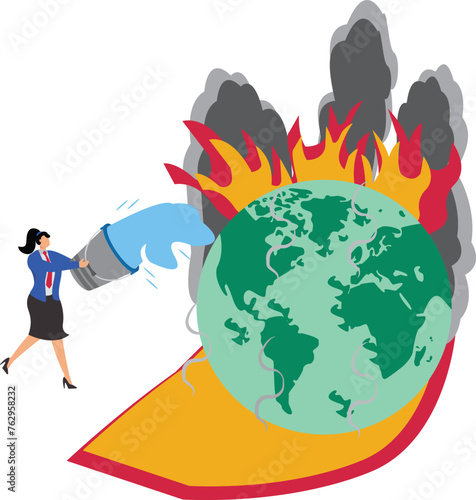 Businesswoman pouring bucket of water to extinguish forest fire on Earth