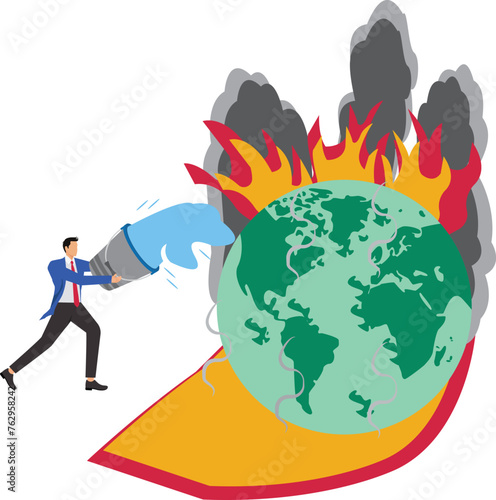 Businessman pouring bucket of water to extinguish forest fire on Earth